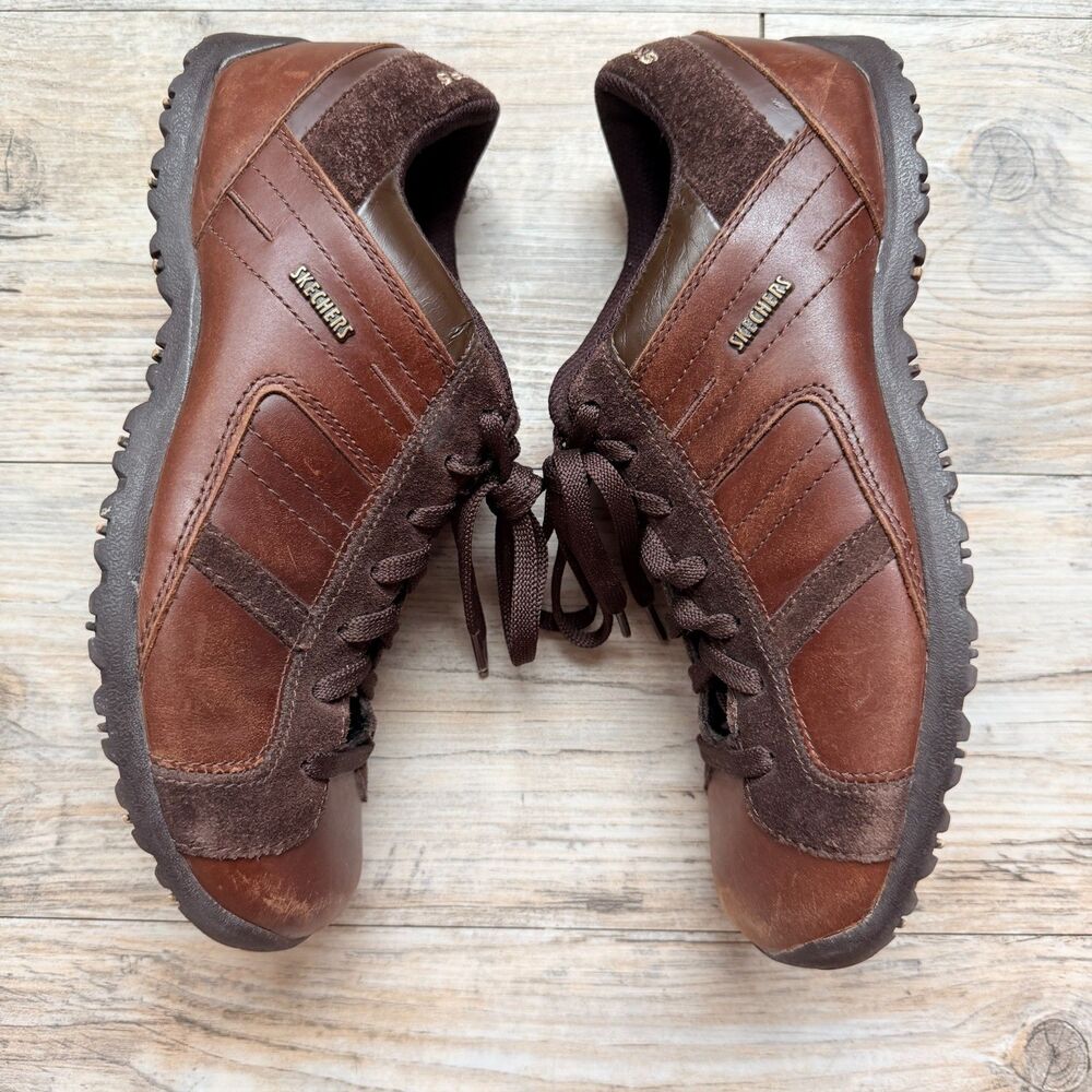 Skechers Jammers Vintage Chocolate Brown Leather Chunky Walking Shoes Size 8 Y2K